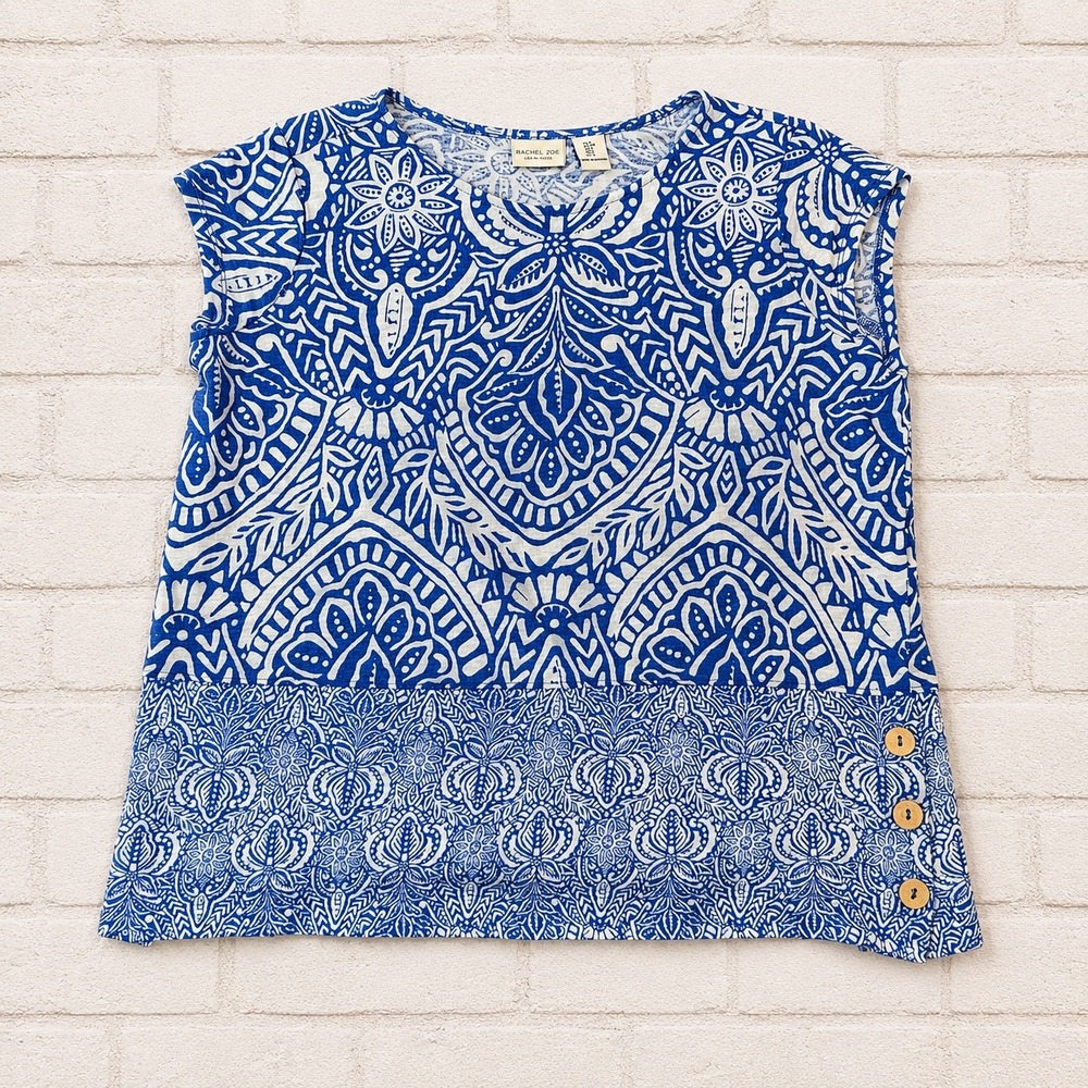 Rachel Zoe Blue White Medallion Paisley 100% Linen Cap Sleeve Top Small Coastal